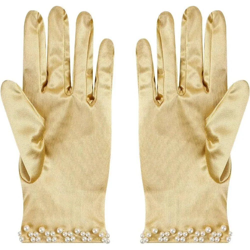 Women's Gold Satin Pearl Short Length Wrist Gloves Wedding Banquet Party Prom